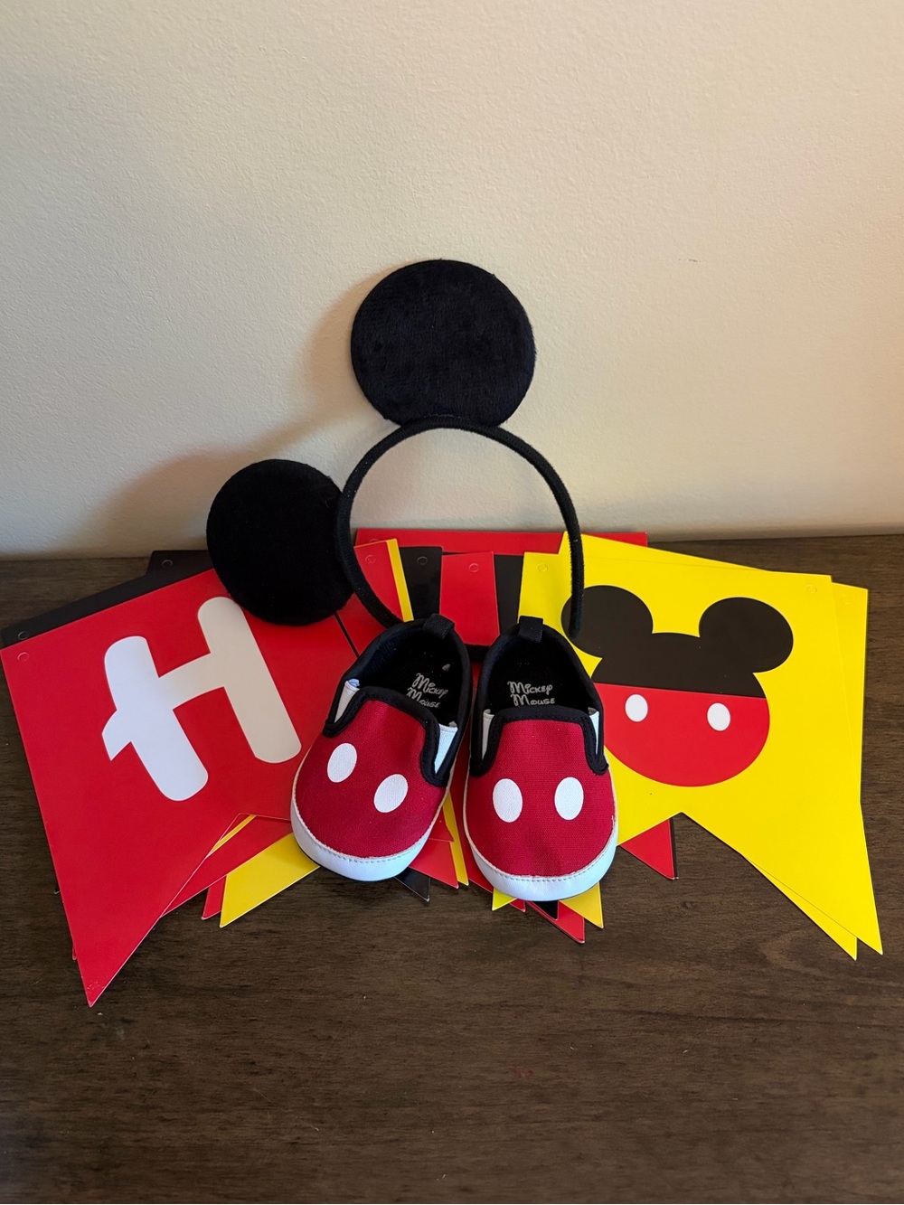 Mickey Mouse Slip-On Shoes, ears, and birthday banner